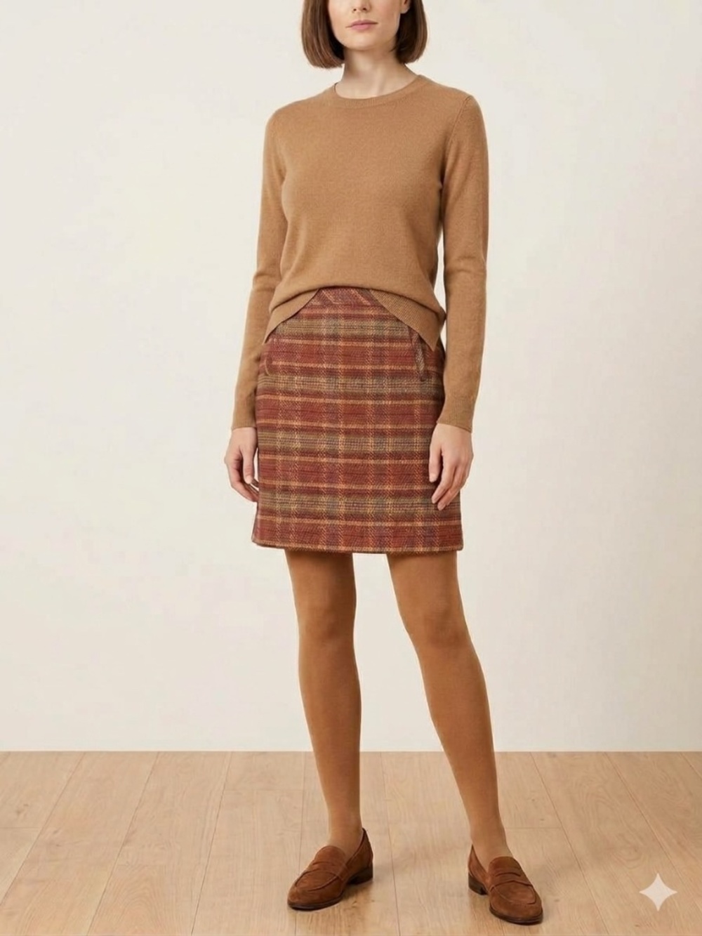 Talbots Wool Blend Plaid A-Line Skirt in Rust and Caramel